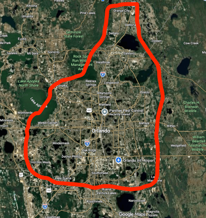 Map of Panther Pest Control's service area outlined in red across the greater Orlando metro, covering Orange and Seminole County from Sanford down to Lake Nona and Kissimmee