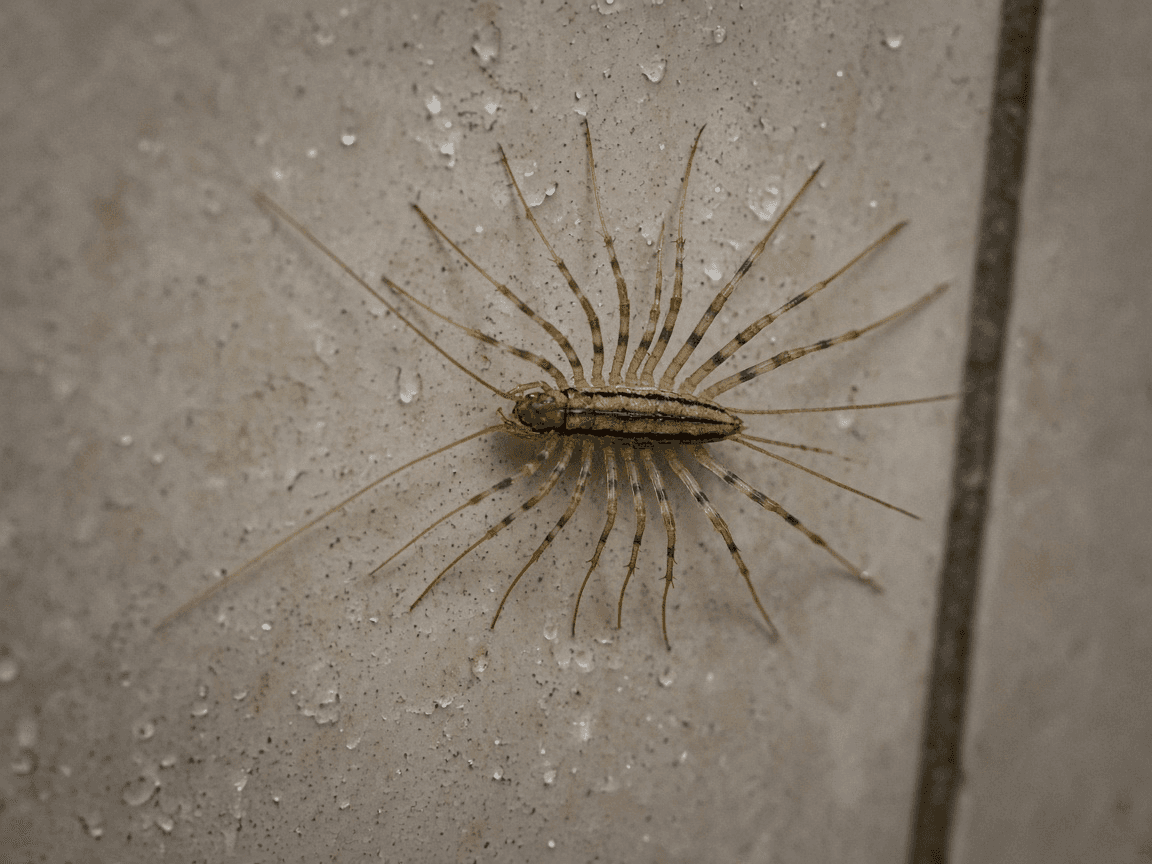 A house centipede with long striped legs on a damp bathroom tile wall