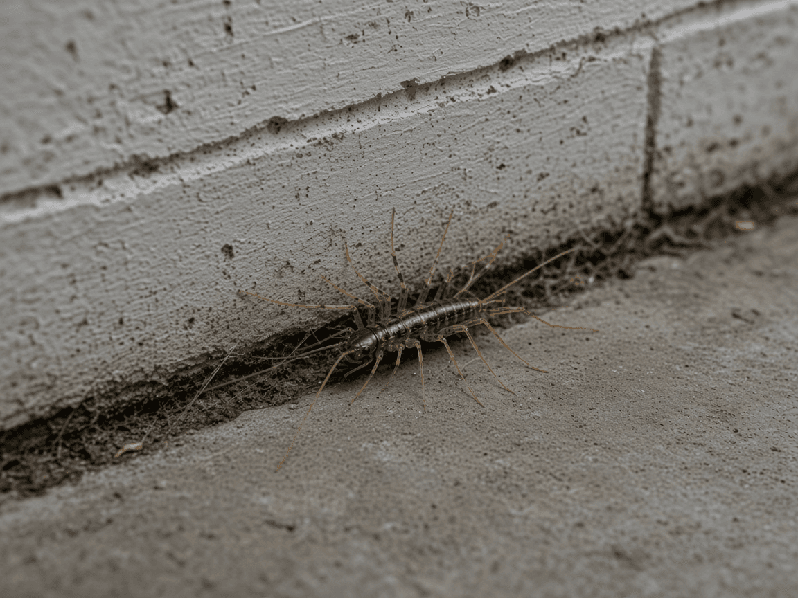 A house centipede coming out of a crack where a garage slab meets the wall