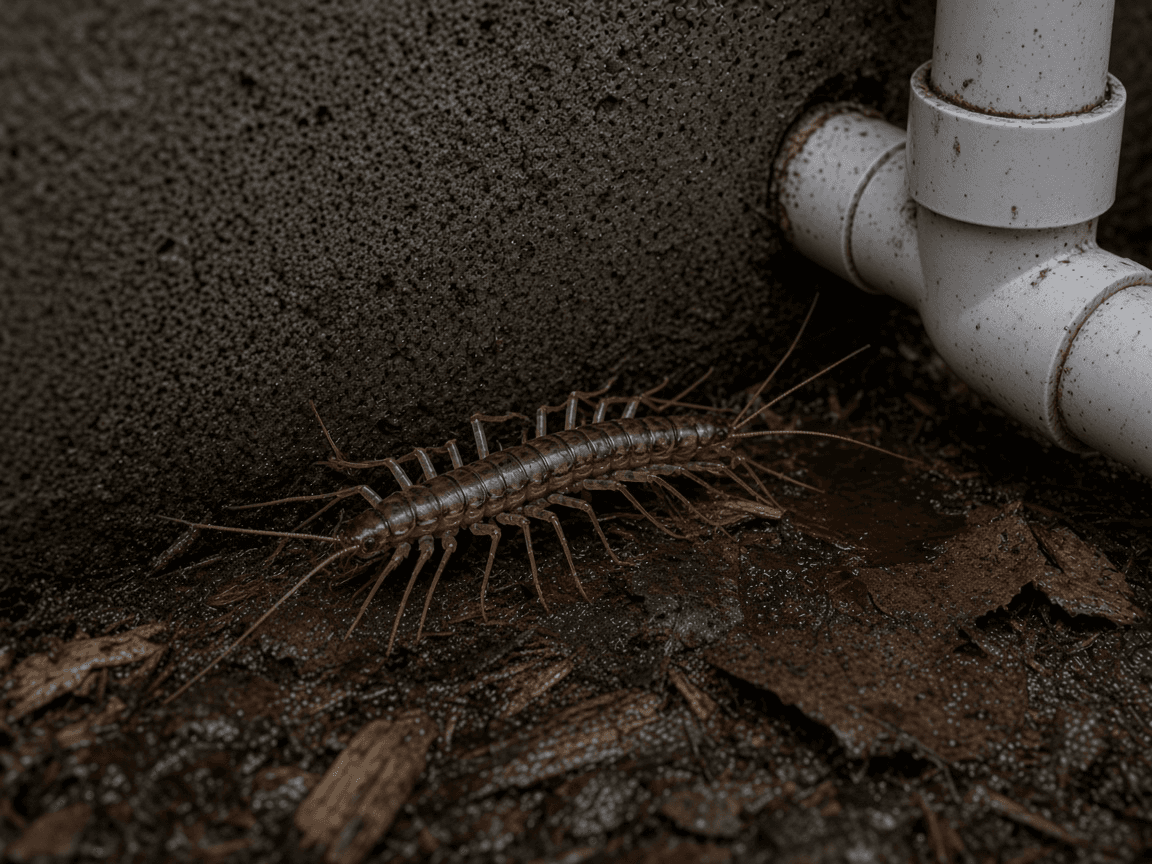 A house centipede in a damp spot under a sink near plumbing pipes