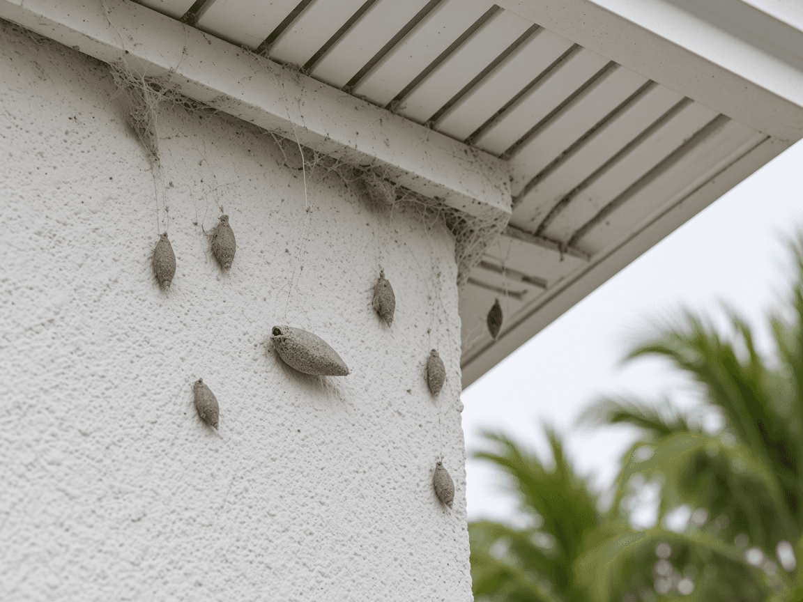 Plaster bagworm cases hanging in old spider webs under a Florida home's soffit
