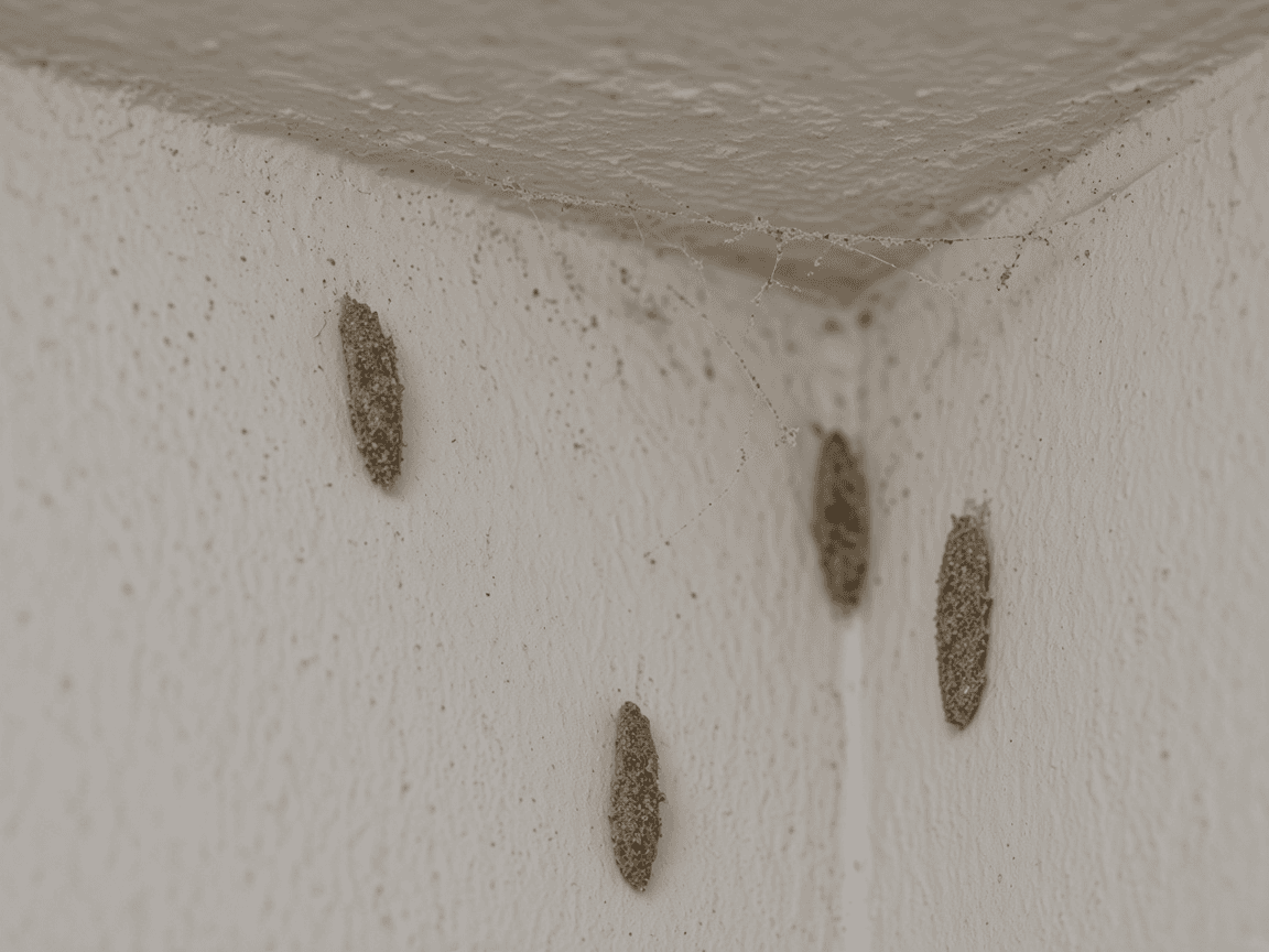 Plaster bagworm cases clinging to a garage wall corner near the ceiling