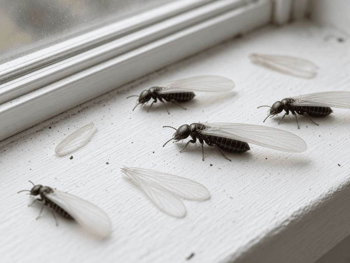 Eastern subterranean termite swarmers and shed wings on a Florida window sill