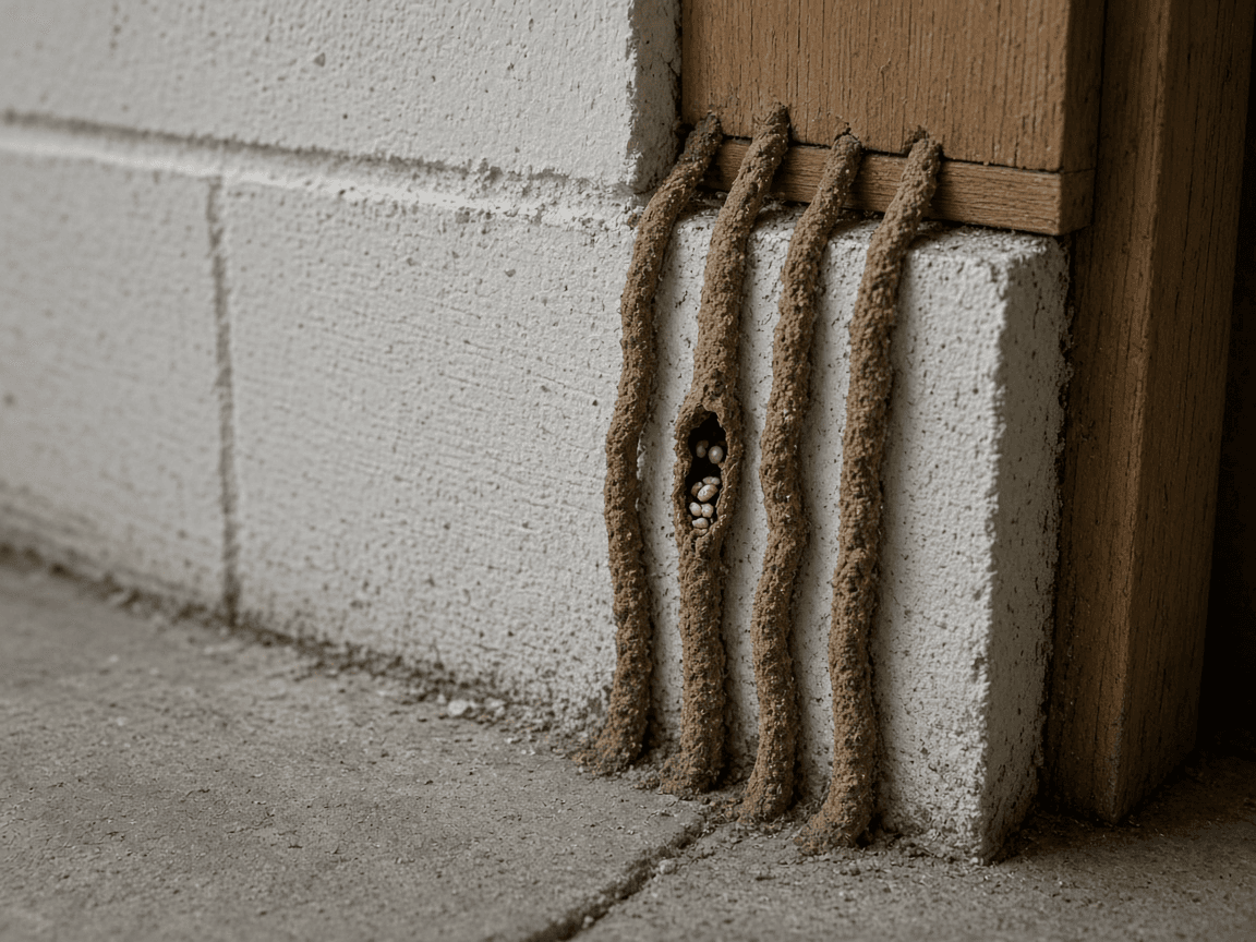Subterranean termite mud tubes climbing from a garage slab crack toward a wood door frame