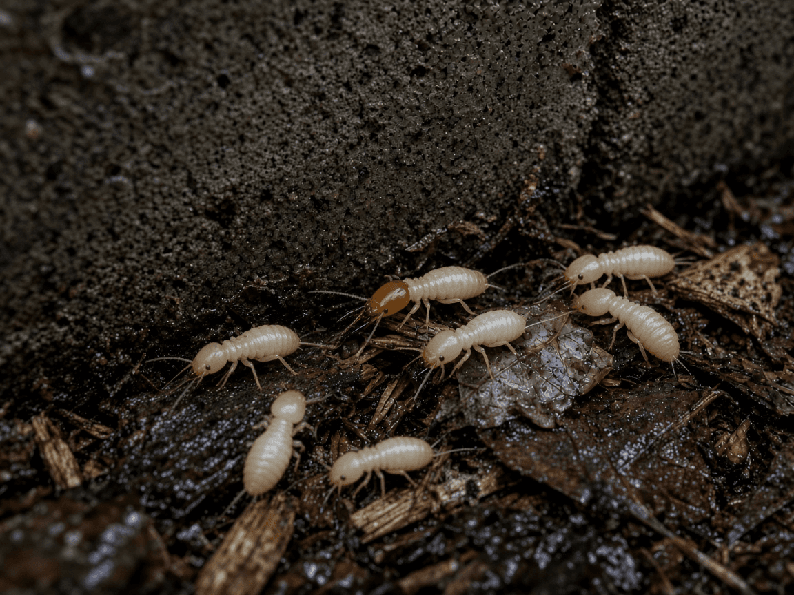 Subterranean termite workers and a soldier termite tunneling through damp soil