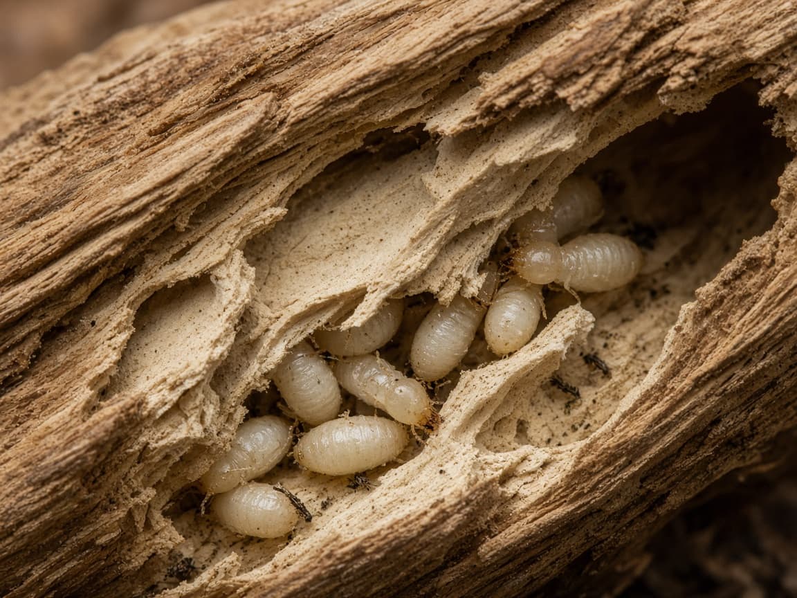 Worker termites exposed inside damaged, hollowed-out wood