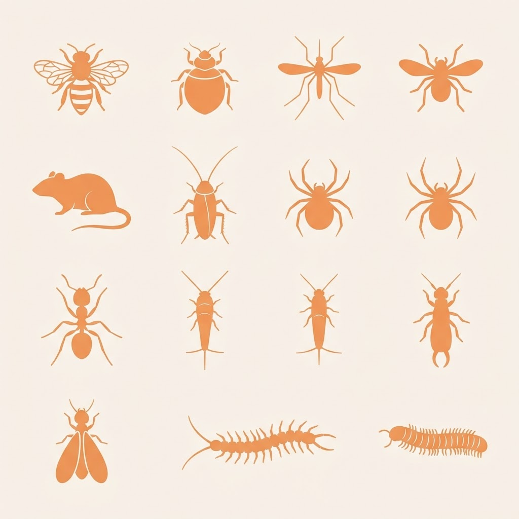 Illustrated icons of common household pests we treat, including bees, bed bugs, mosquitos, rodents, cockroaches, spiders, ants, silverfish, earwigs, termites, centipedes, and millipedes